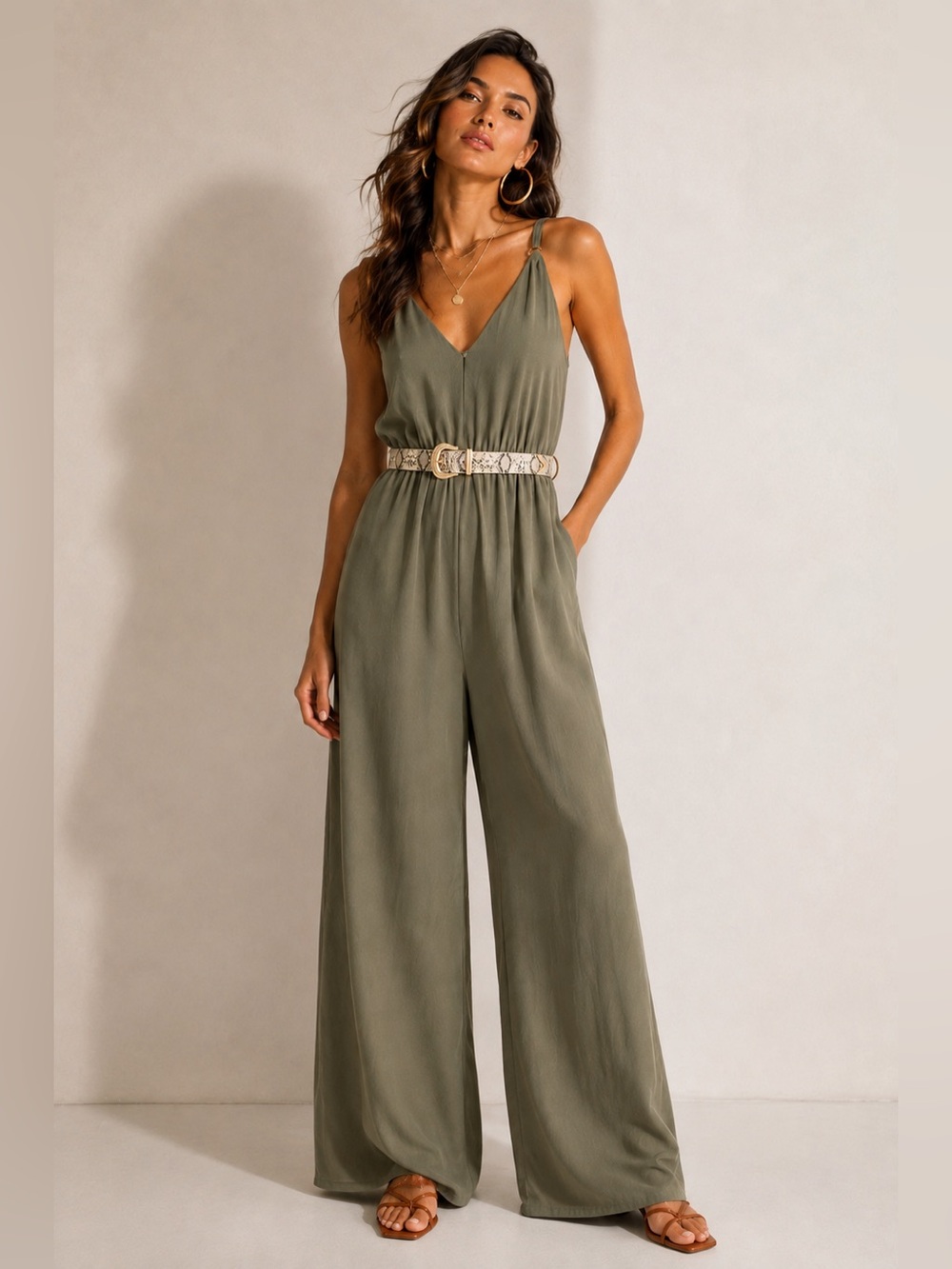 bebe Olive Green V-Neck Wide-Leg Jumpsuit
